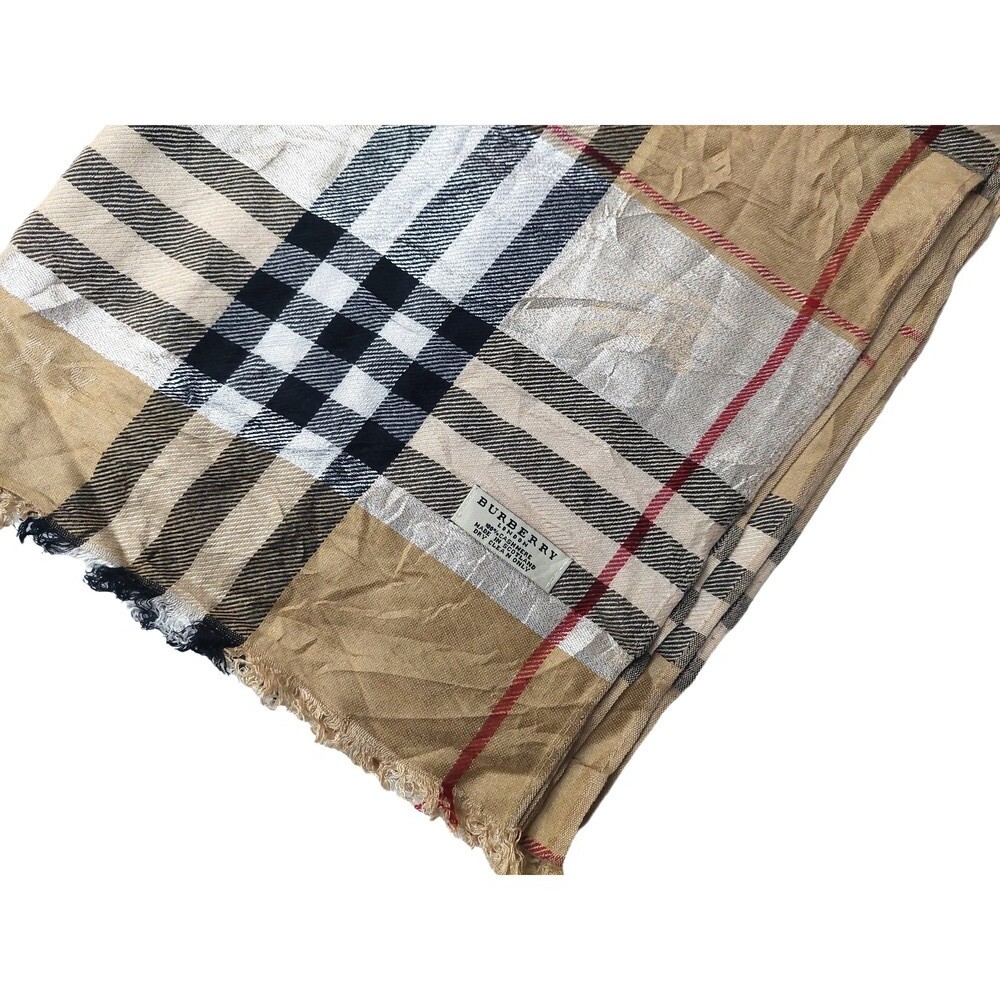 Vintage Burberry Check Gold Silver Tan Black Red 100% Cashmere Shawl Scarves - Picture 2 of 3